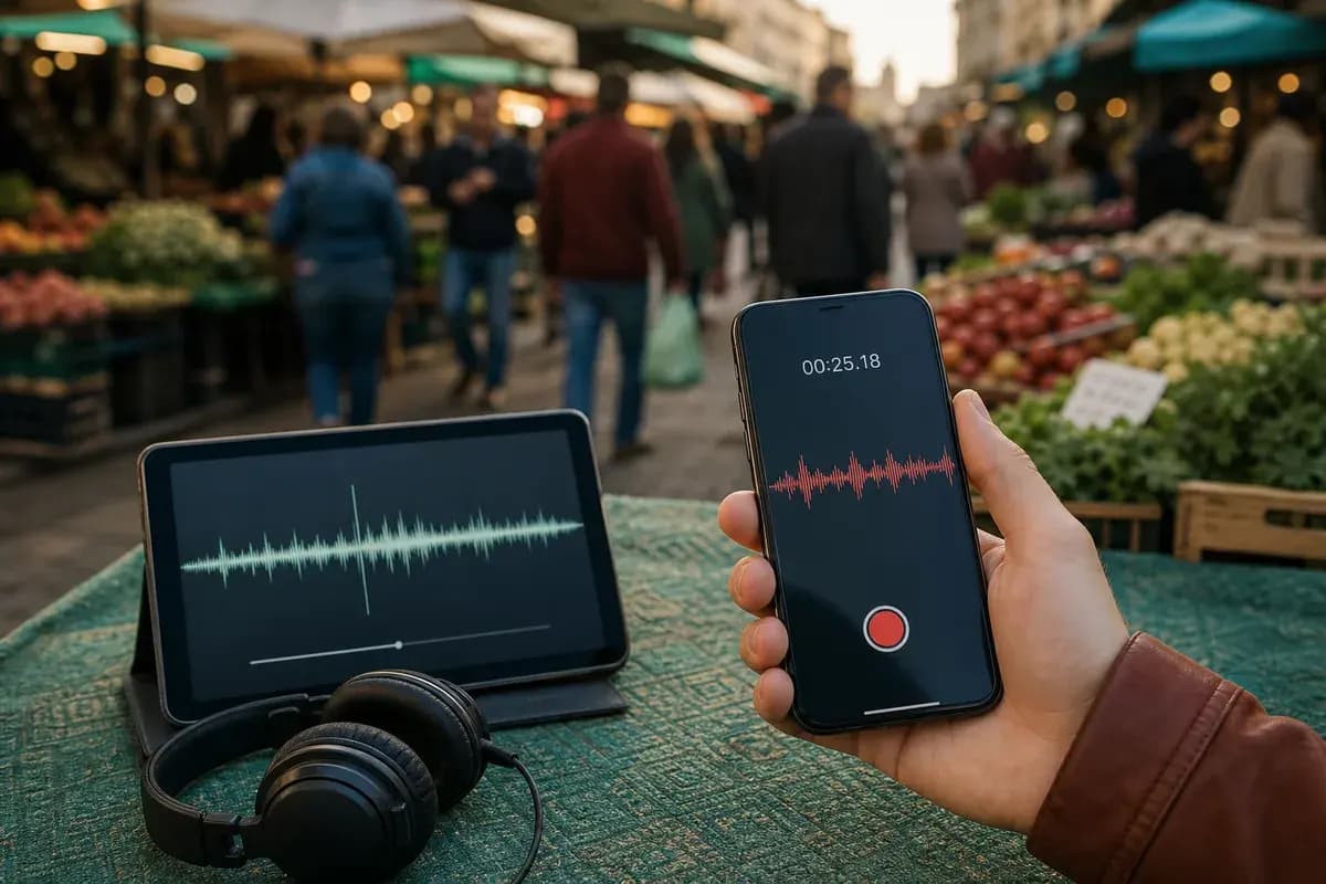 A Tamil WhatsApp voice note recorded in a noisy setting with its waveform shown for review