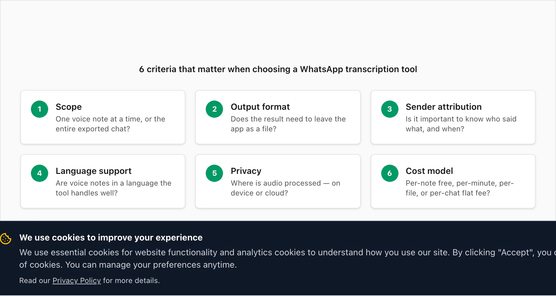 Six criteria for choosing a WhatsApp transcription tool: scope, output format, sender attribution, languages, privacy, cost