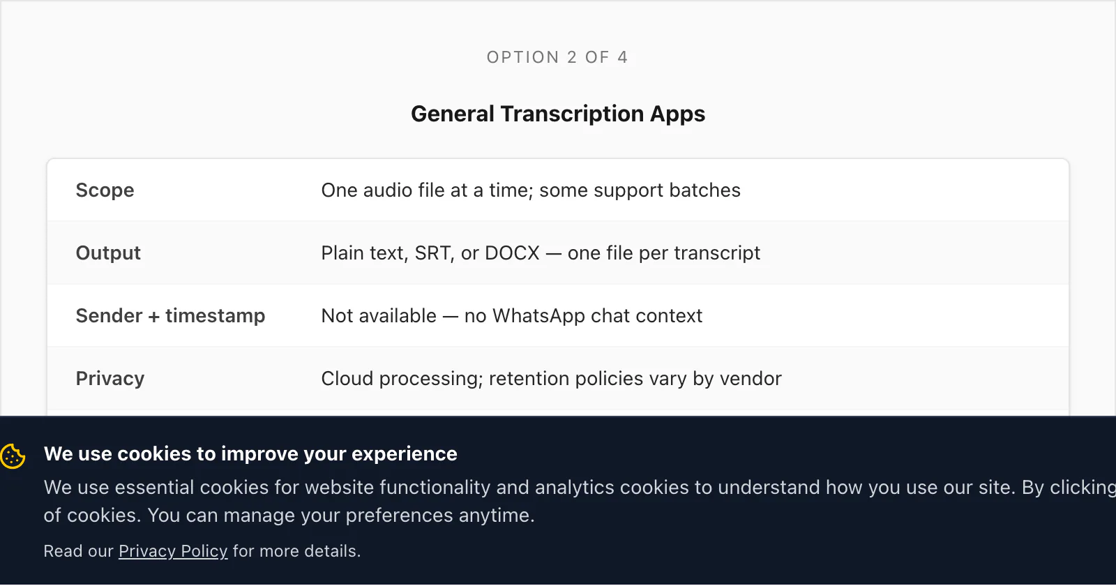 General transcription apps card: standalone audio files, pay-per-minute or subscription billing, no WhatsApp chat structure