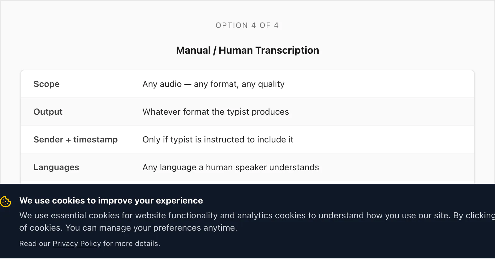 Manual transcription option card: human typist or transcriber, any language, accurate for noisy audio, slow and costly