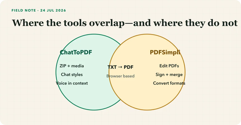 Overlap map showing shared TXT-to-PDF support and the different specialist capabilities of ChatToPDF and PDFSimpli