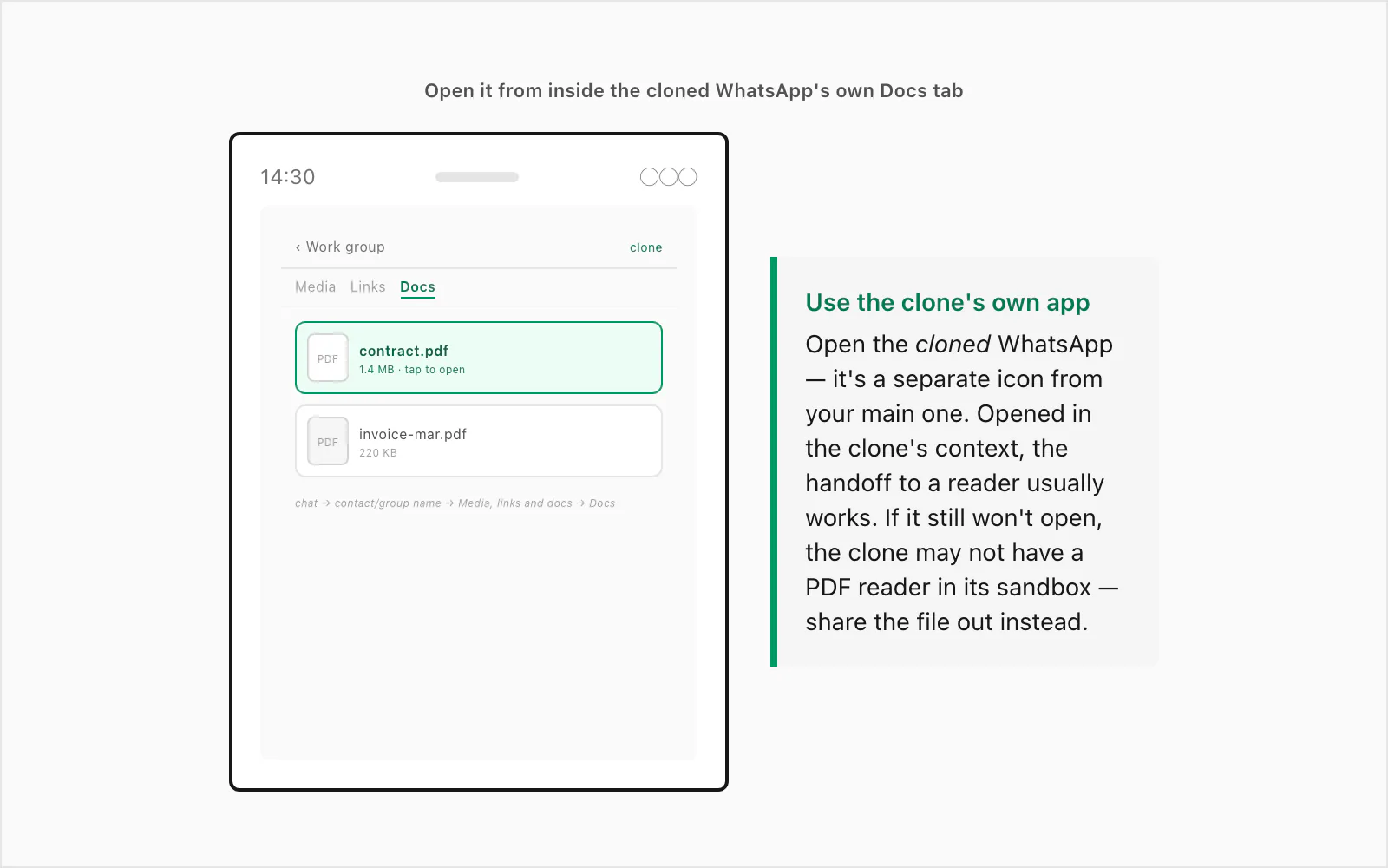 Cloned WhatsApp open at its own media gallery showing the received PDF document tile that the main side can't browse