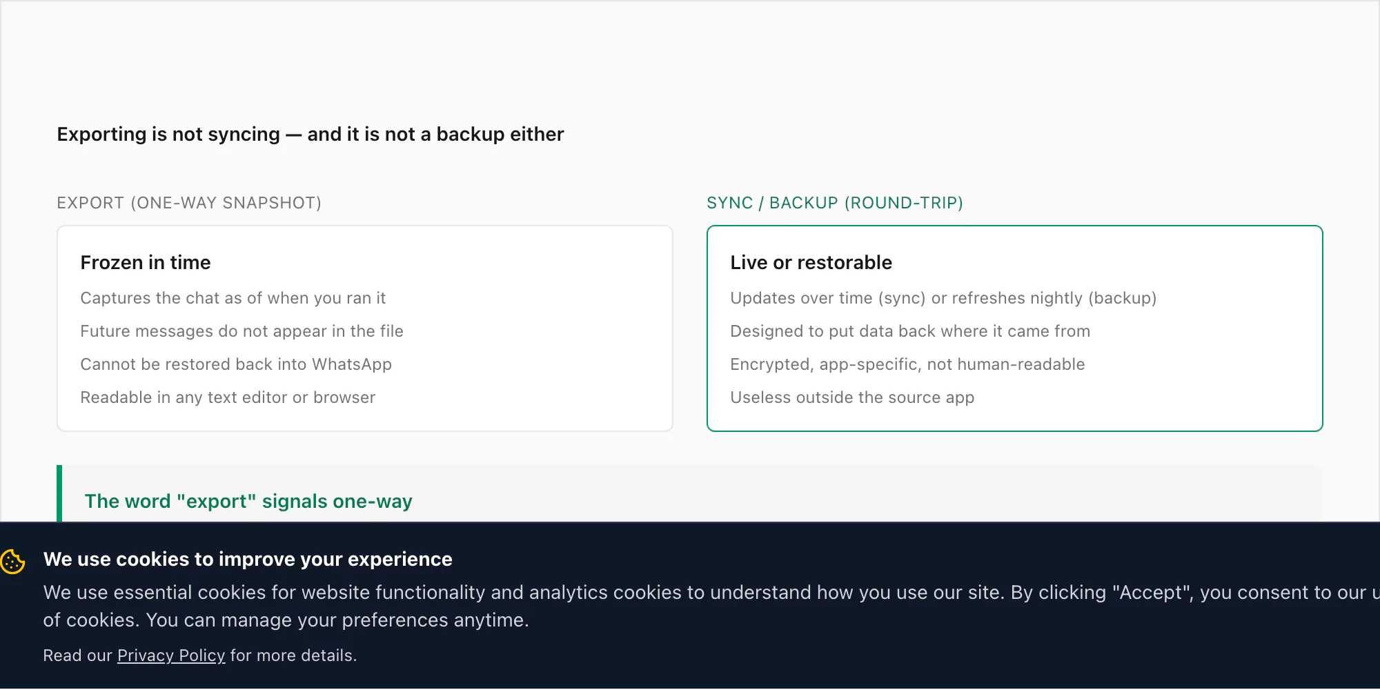 Comparison of exporting as one-way snapshot versus syncing or backup as round-trip operations