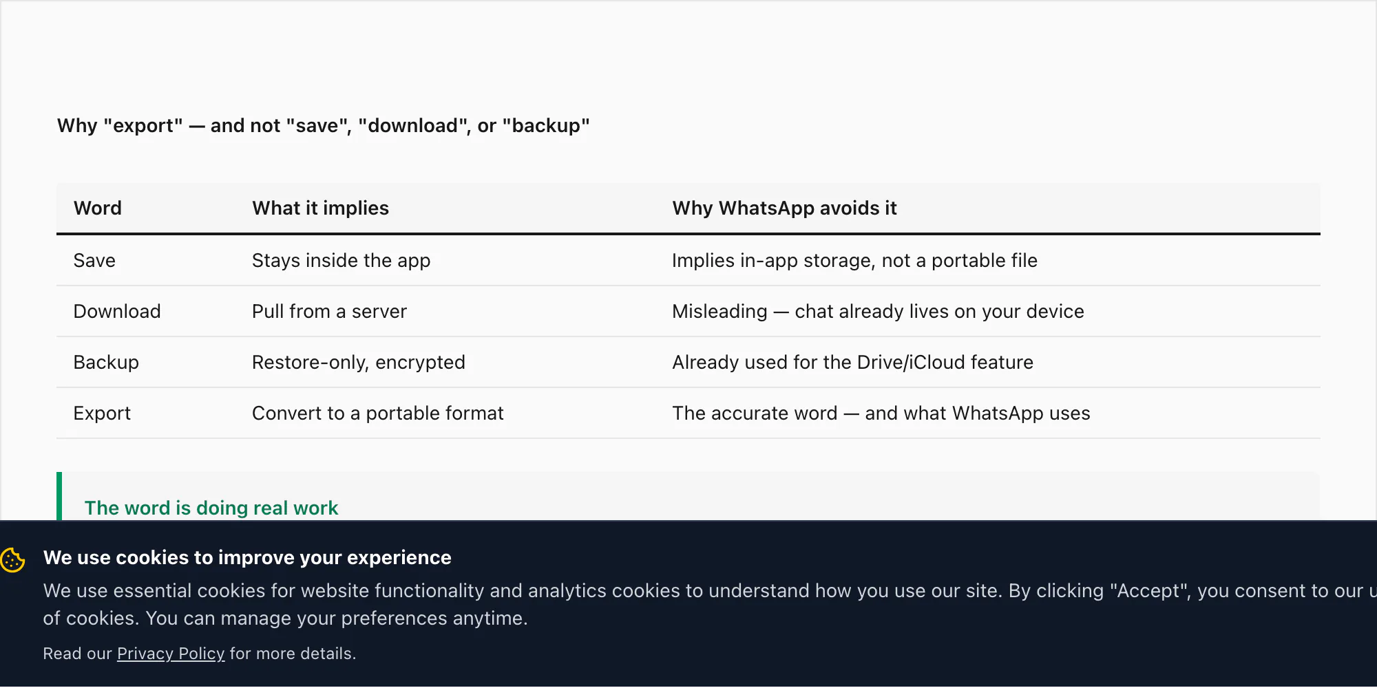 Comparison of export versus save versus download versus backup with definitions explaining why WhatsApp picked export