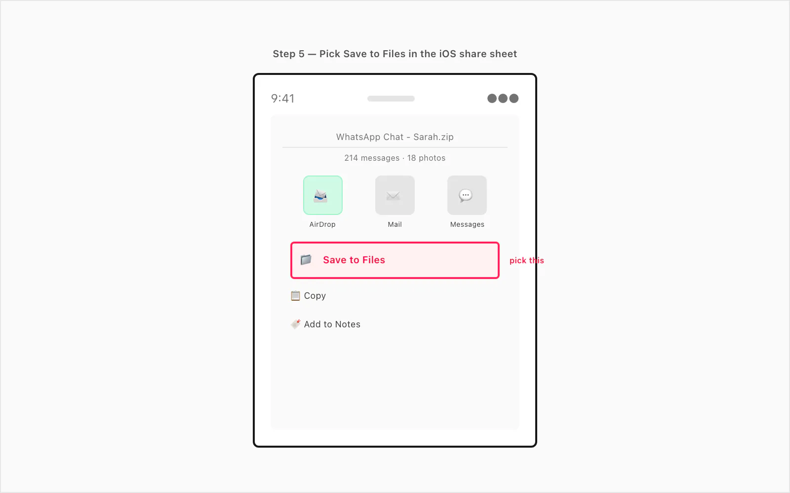 iOS share sheet with Save to Files highlighted, after Export Chat in WhatsApp