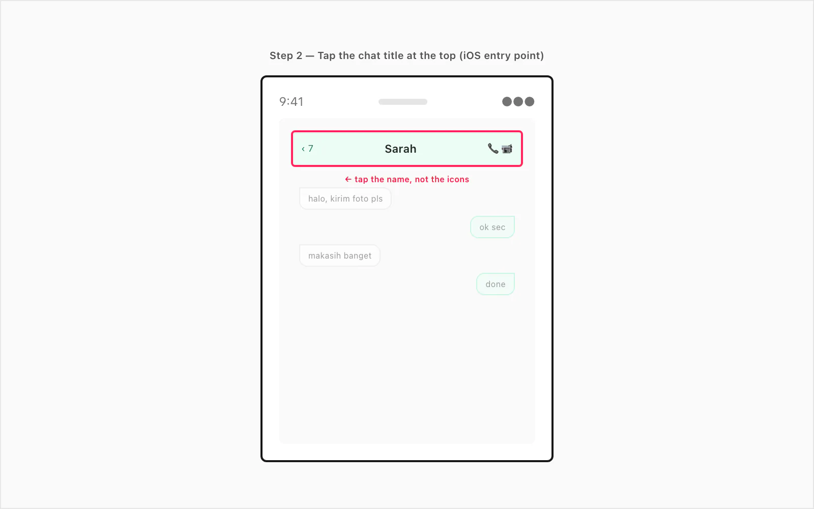 iPhone WhatsApp chat with the chat title bar circled — the iOS entry point for the export menu