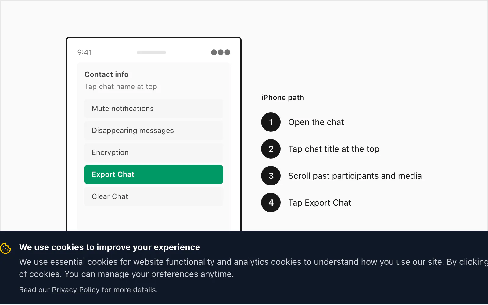 WhatsApp iOS Export Chat menu reached by tapping the chat title at the top of the conversation