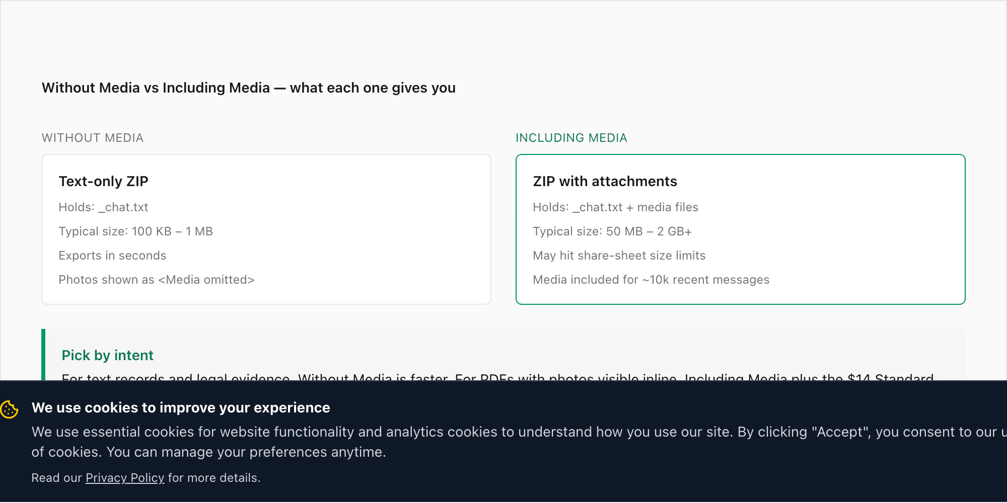 Without Media versus Including Media comparison after the export chat menu, showing size and contents