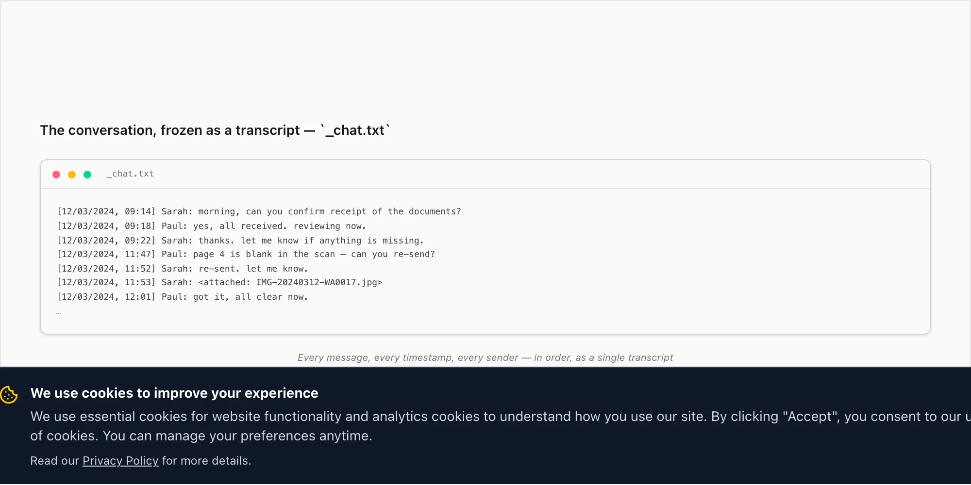 Mock _chat.txt output showing a conversation preserved line by line with timestamps and senders