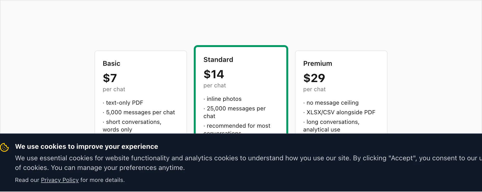 ChatToPDF pricing tiers Basic Standard Premium per chat for converting a WhatsApp conversation to PDF