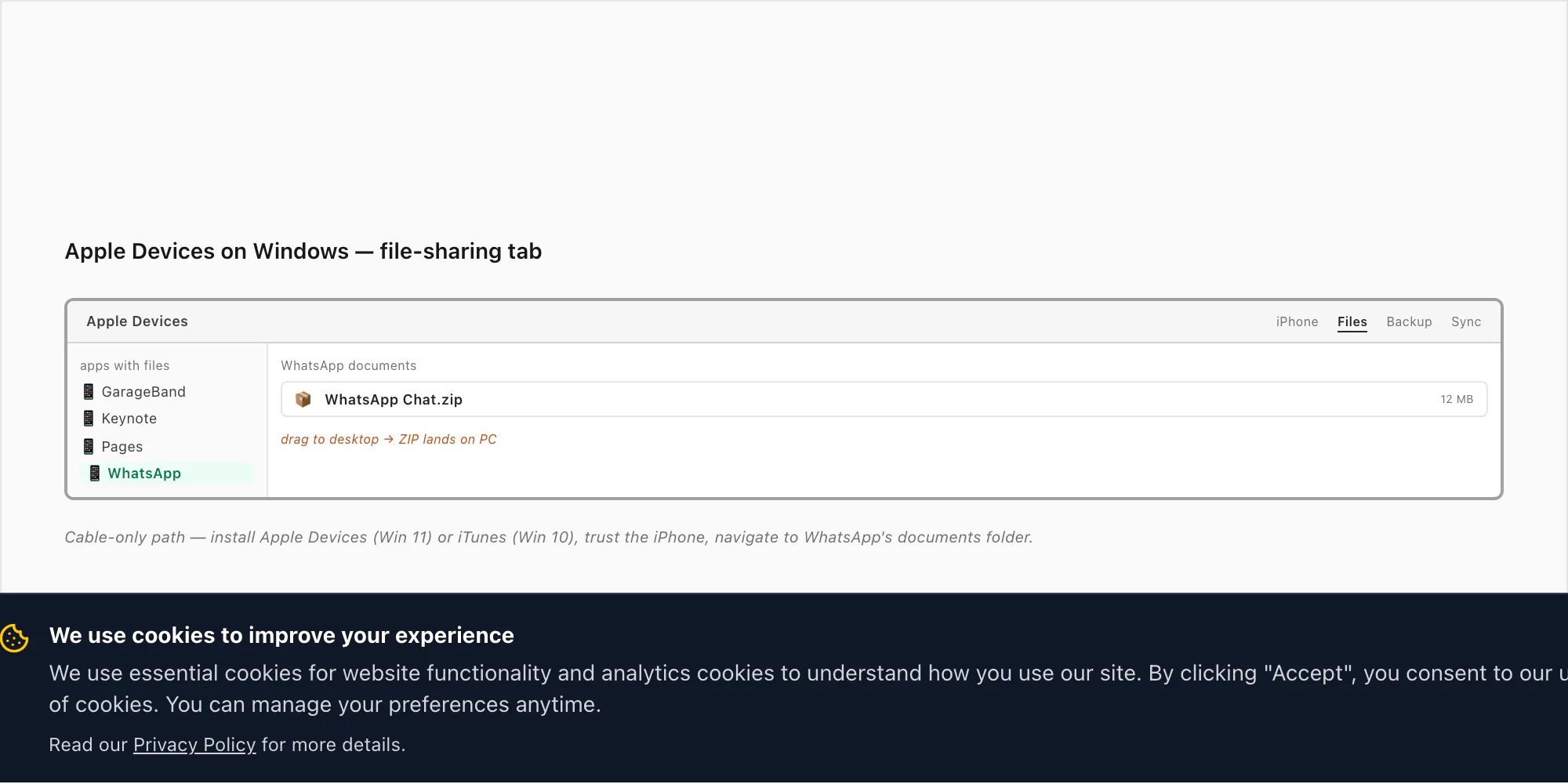 Apple Devices file-share UI on Windows — WhatsApp documents folder with the exported ZIP ready to drag to desktop
