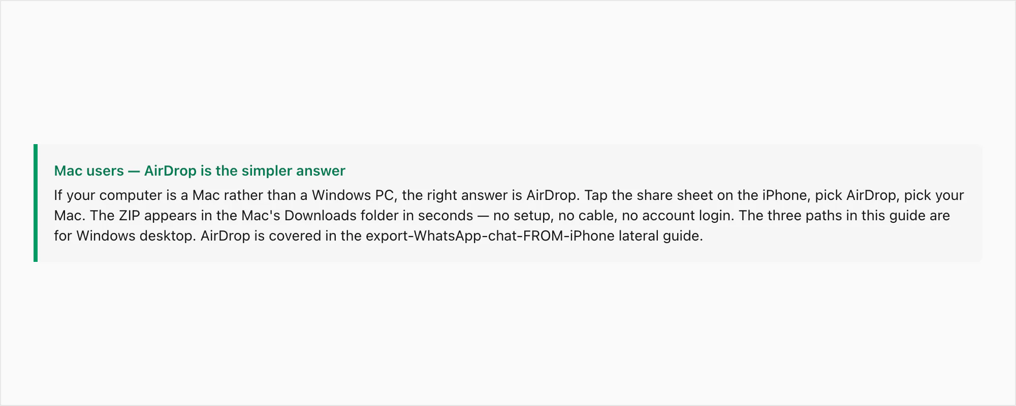 Callout — Mac users use AirDrop instead, the iPhone-to-PC paths in this guide are for Windows desktop only