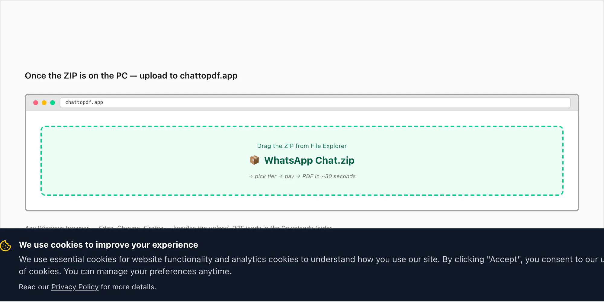 Windows browser uploading the iPhone WhatsApp ZIP to chattopdf.app — drag and drop, then PDF in 30 seconds