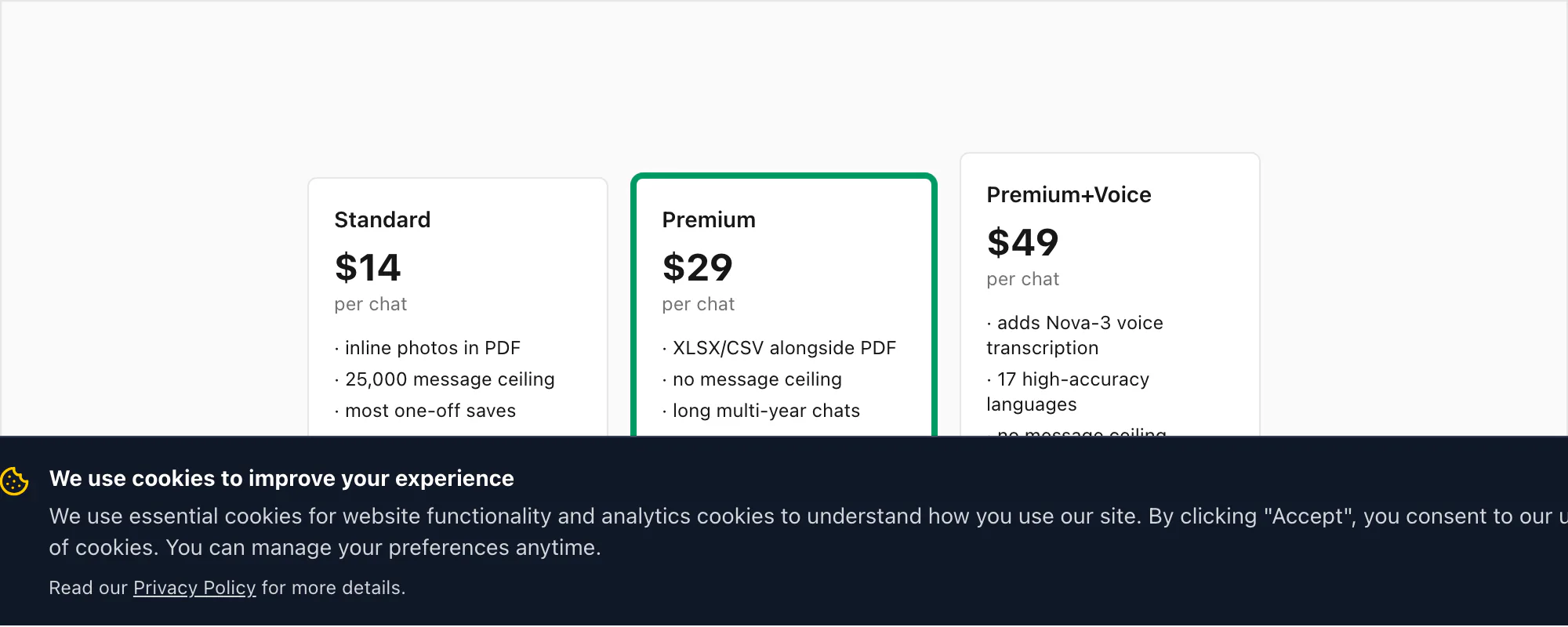 Three chattopdf tiers — $14 Standard normal chats, $29 Premium long chats, $49 Premium+Voice with Nova-3 transcription