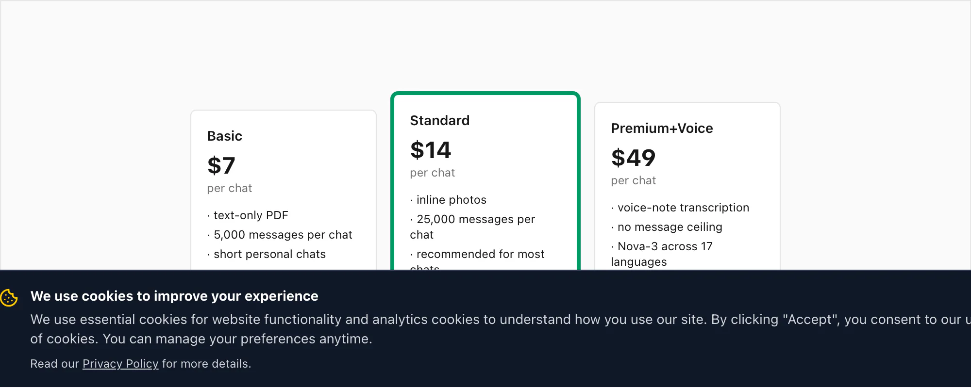 ChatToPDF pricing tiers Basic Standard Premium-plus-Voice per chat