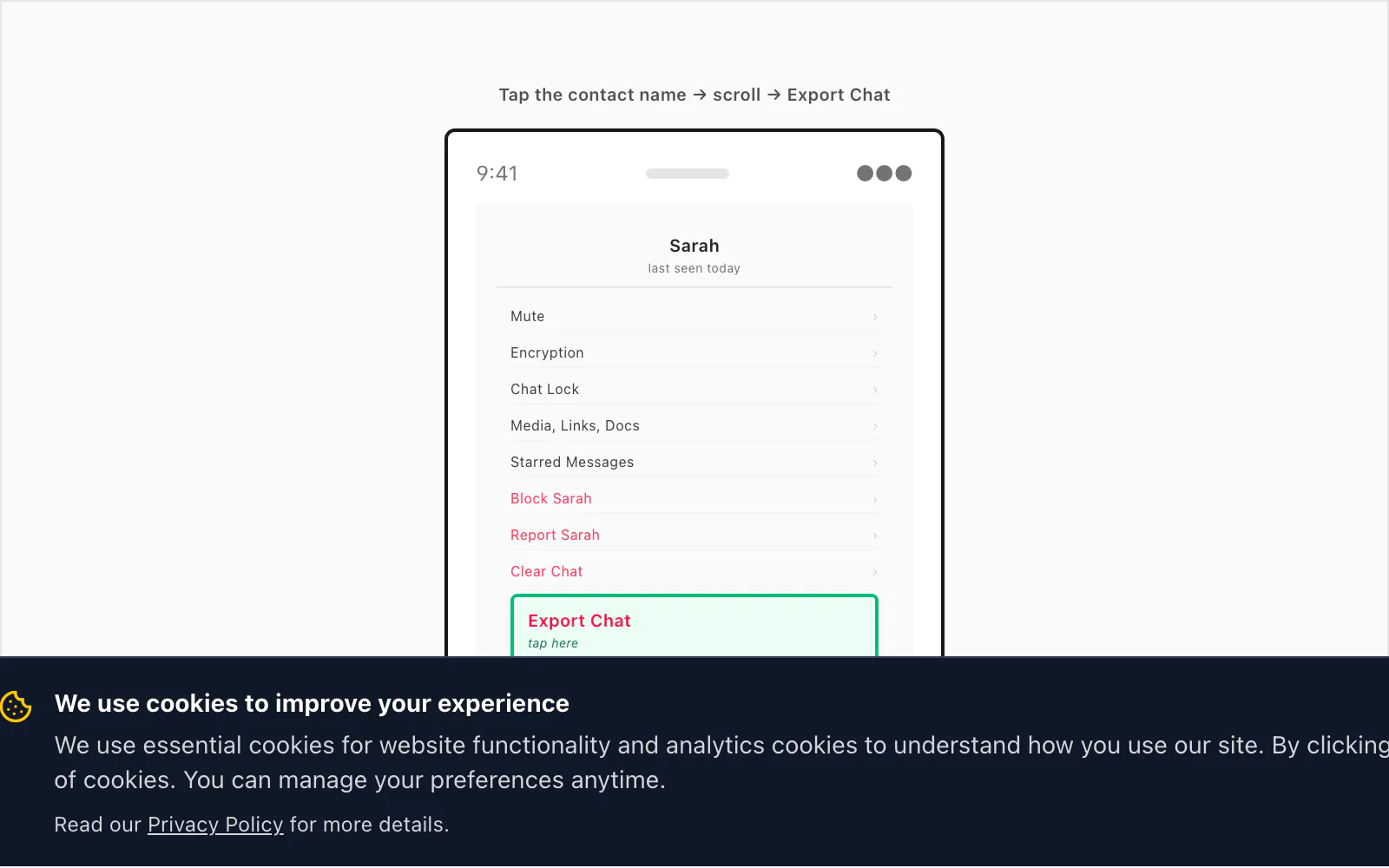 iPhone chat info screen with Export Chat highlighted in red at the bottom of the iOS menu
