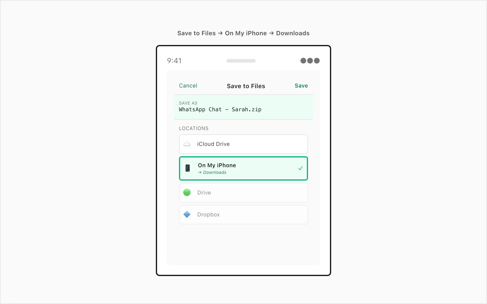 iOS Save to Files target picker with On My iPhone Downloads folder selected as destination