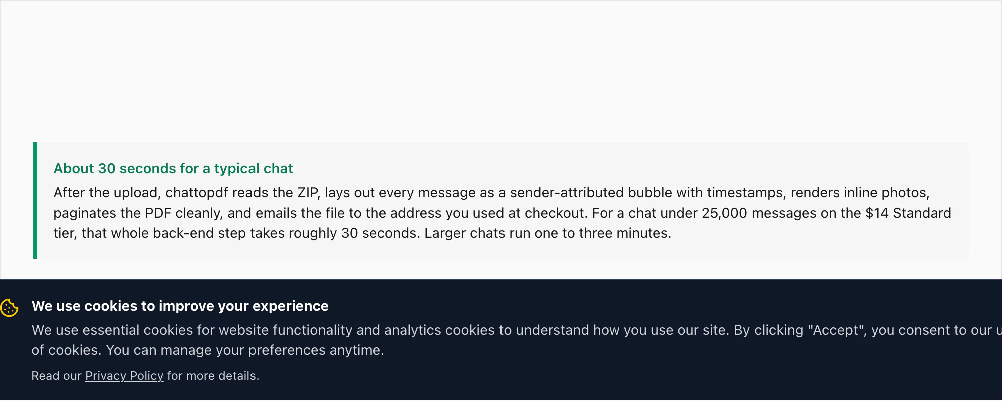 Callout panel — chattopdf processes the ZIP and emails the PDF in about thirty seconds for a typical iPhone chat