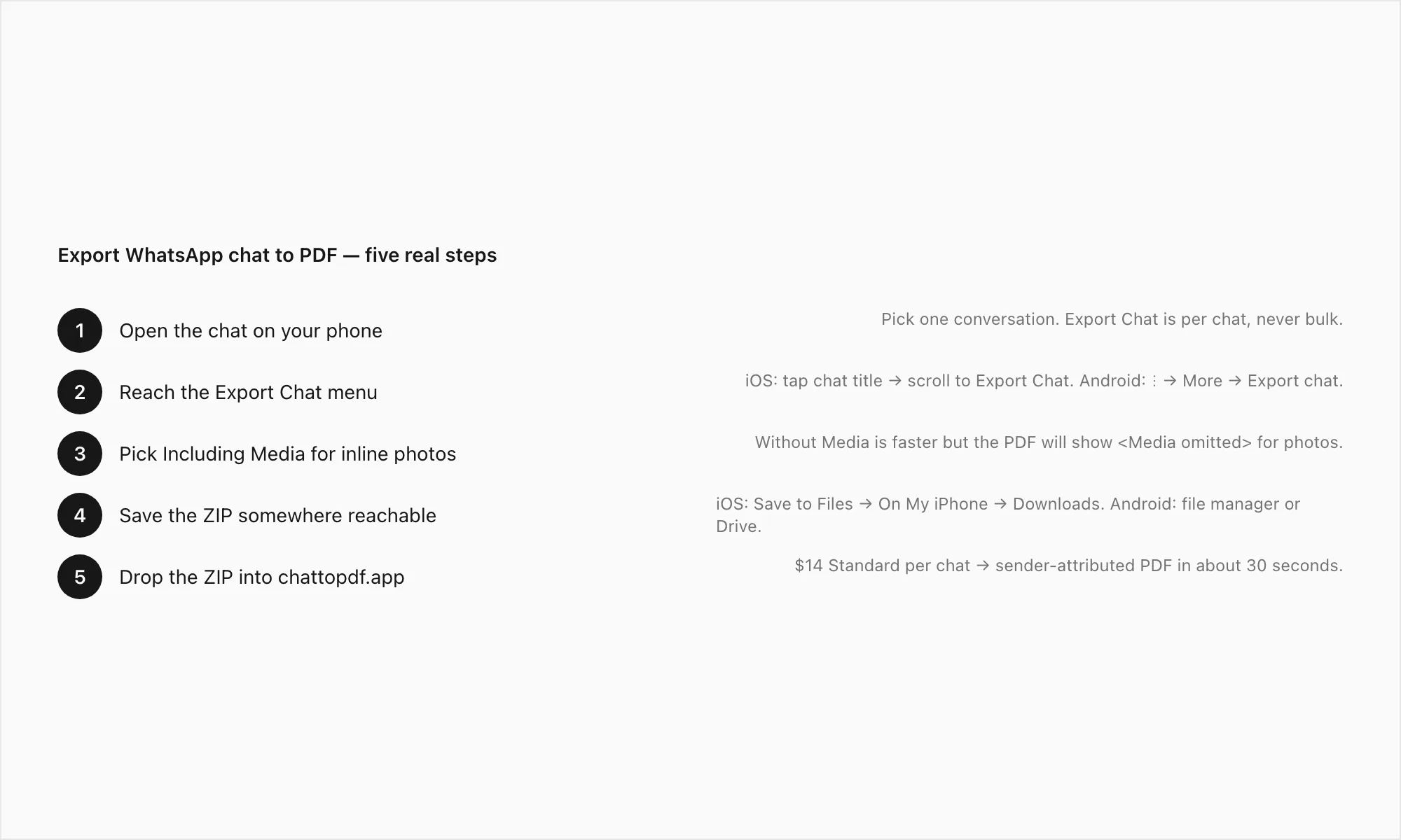Five real steps to export a WhatsApp chat to a PDF using the chattopdf bridge — open chat through to download PDF
