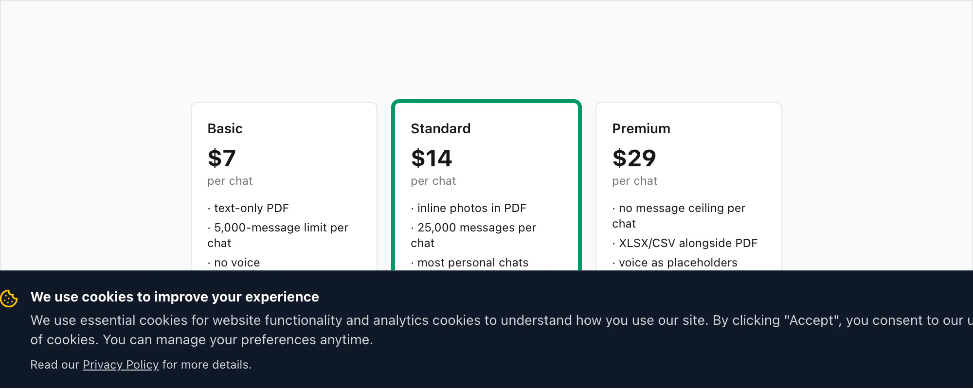 ChatToPDF pricing tiers Basic Standard Premium per chat for converting a WhatsApp chat export into a PDF