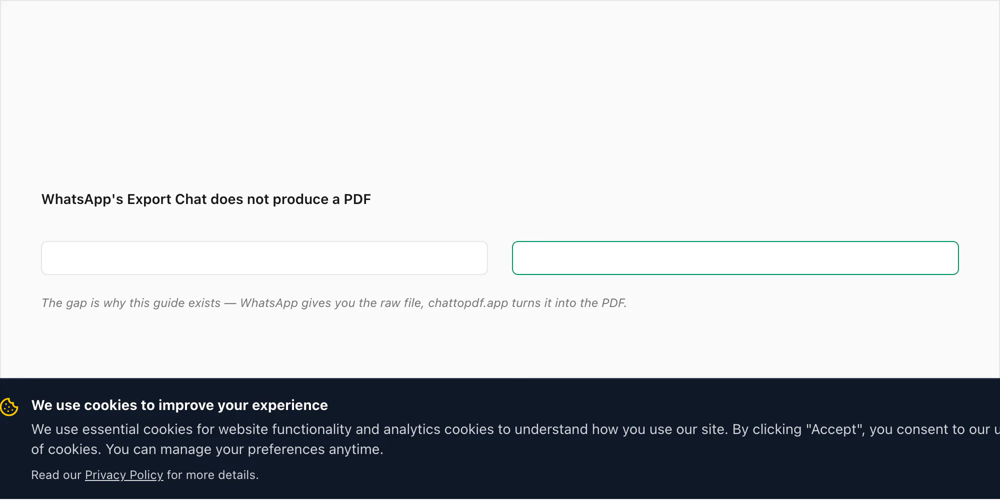 Comparison panel — what WhatsApp's Export Chat actually outputs ZIP TXT versus what export-to-PDF users expect to see