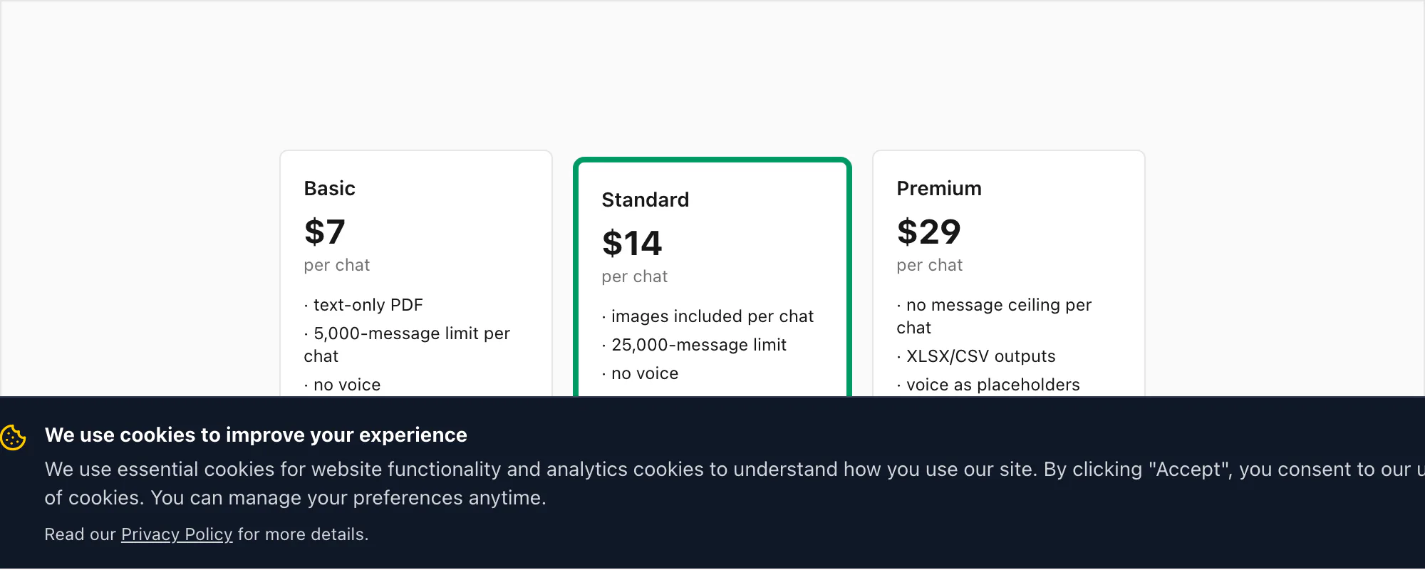 ChatToPDF pricing tiers Basic Standard Premium per chat for converting the downloaded WhatsApp chat history into a PDF