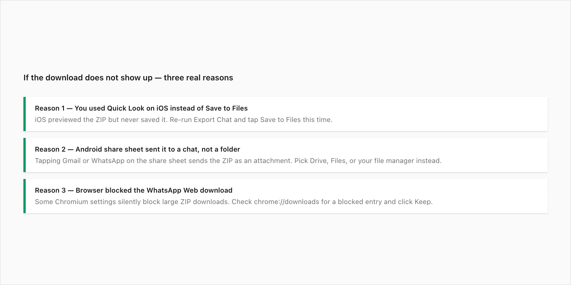 Three real reasons your downloaded WhatsApp chat does not show up — Quick Look preview Android share sheet Chromium block