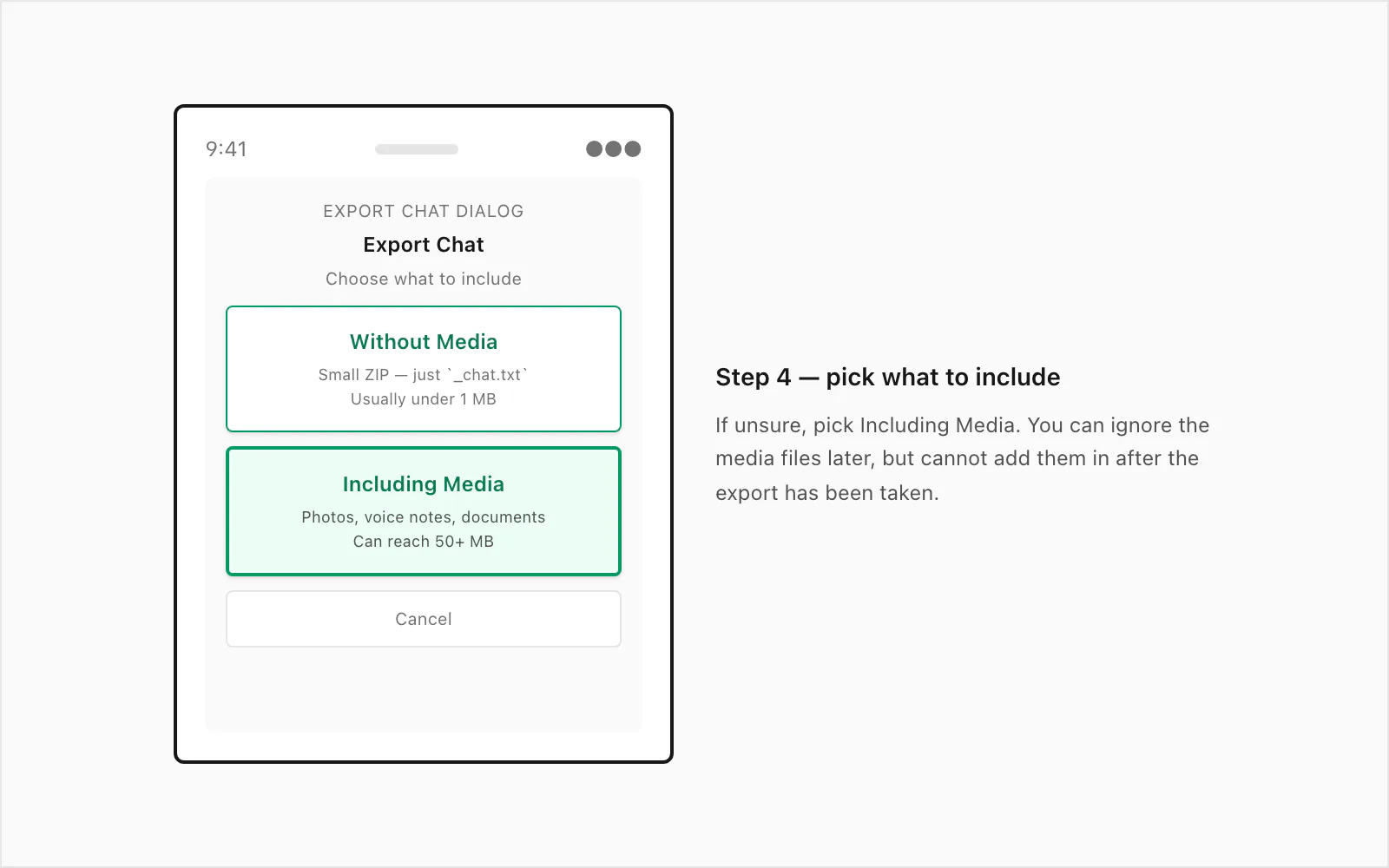 iPhone-frame mockup of the Export Chat dialog showing the Without Media and Including Media options as two stacked buttons