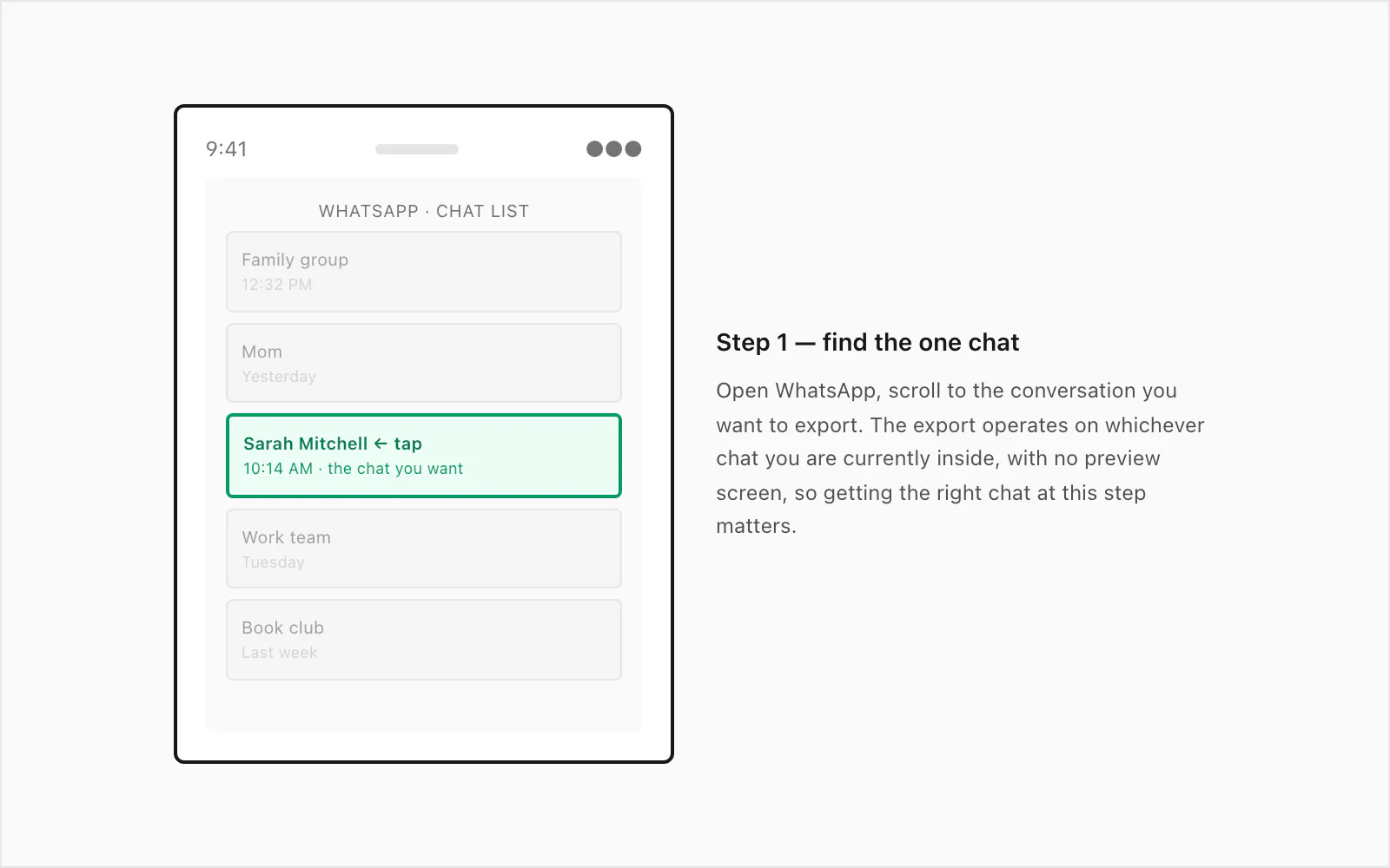 iPhone-frame mockup of the WhatsApp chat list with one specific conversation row highlighted as the user's tap target