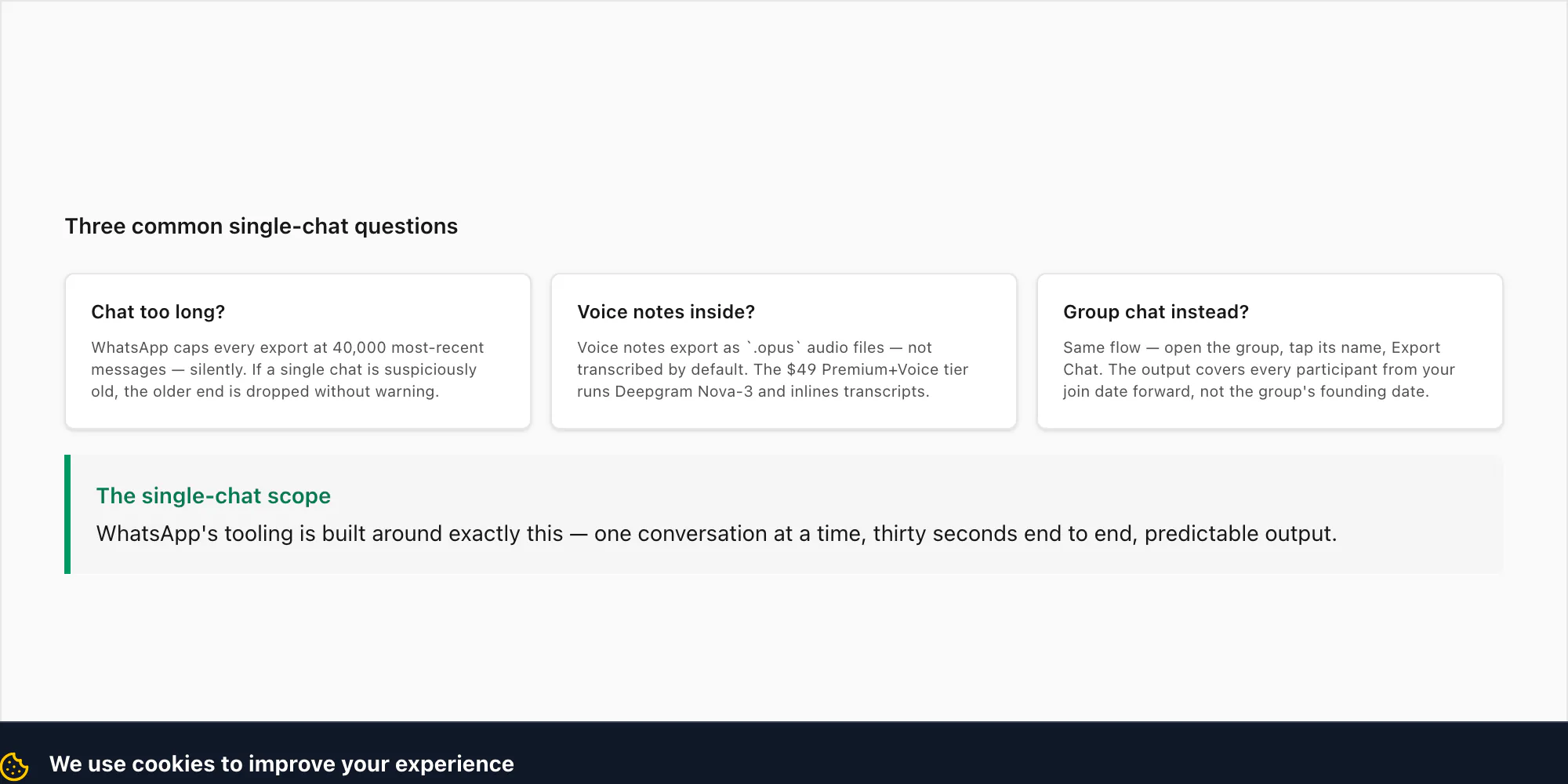 Grid of three single-chat FAQs — chat too long, voice notes inside, group chat instead — each with a short answer