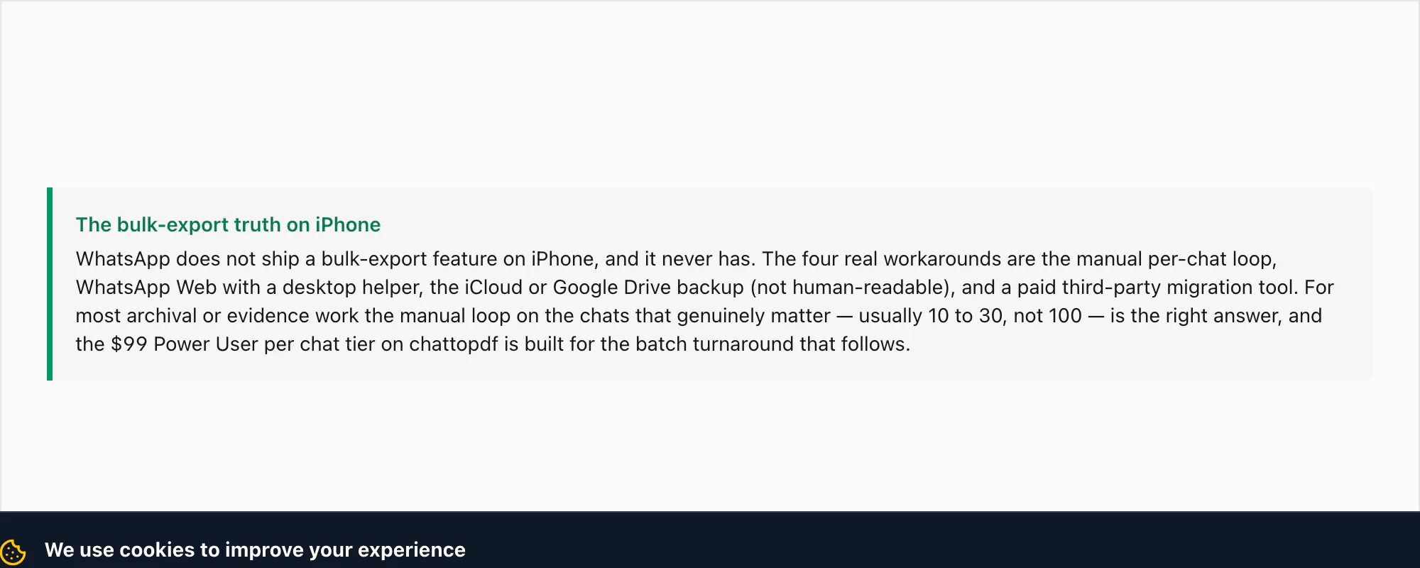 Callout — WhatsApp has no bulk export; realistic options are a manual loop or a paid third-party migration tool