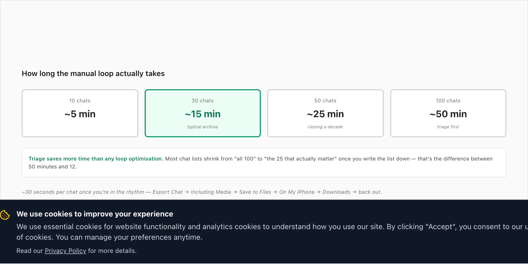 Time estimate visual — fifty chats times thirty seconds per export equals roughly twenty-five minutes of manual work