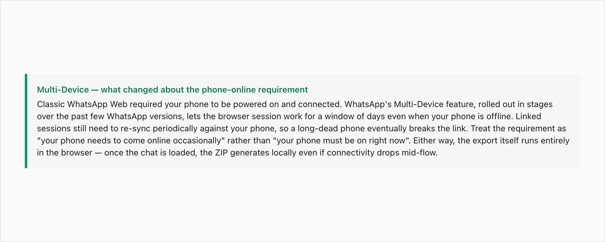 Callout explaining how WhatsApp Multi-Device changes the phone-online requirement for WhatsApp Web sessions