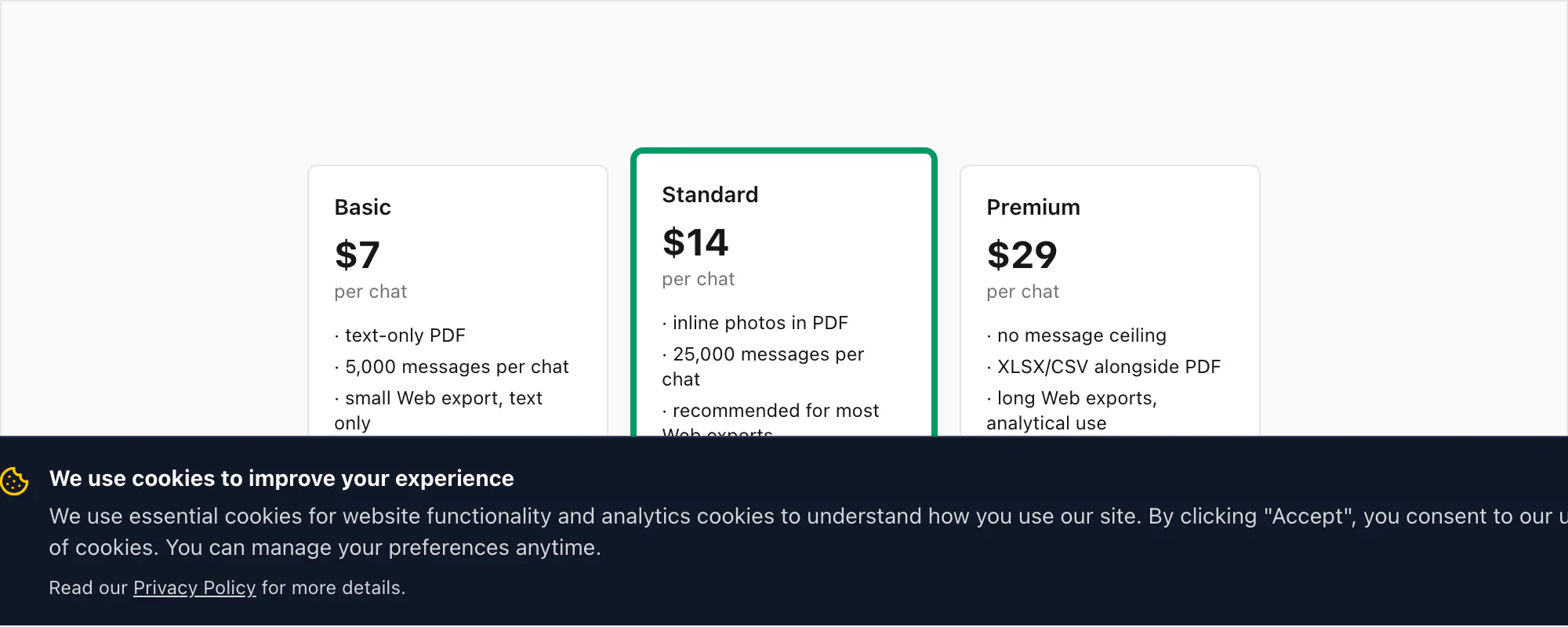 ChatToPDF pricing tiers Basic Standard Premium per chat for converting a WhatsApp Web export ZIP into a PDF