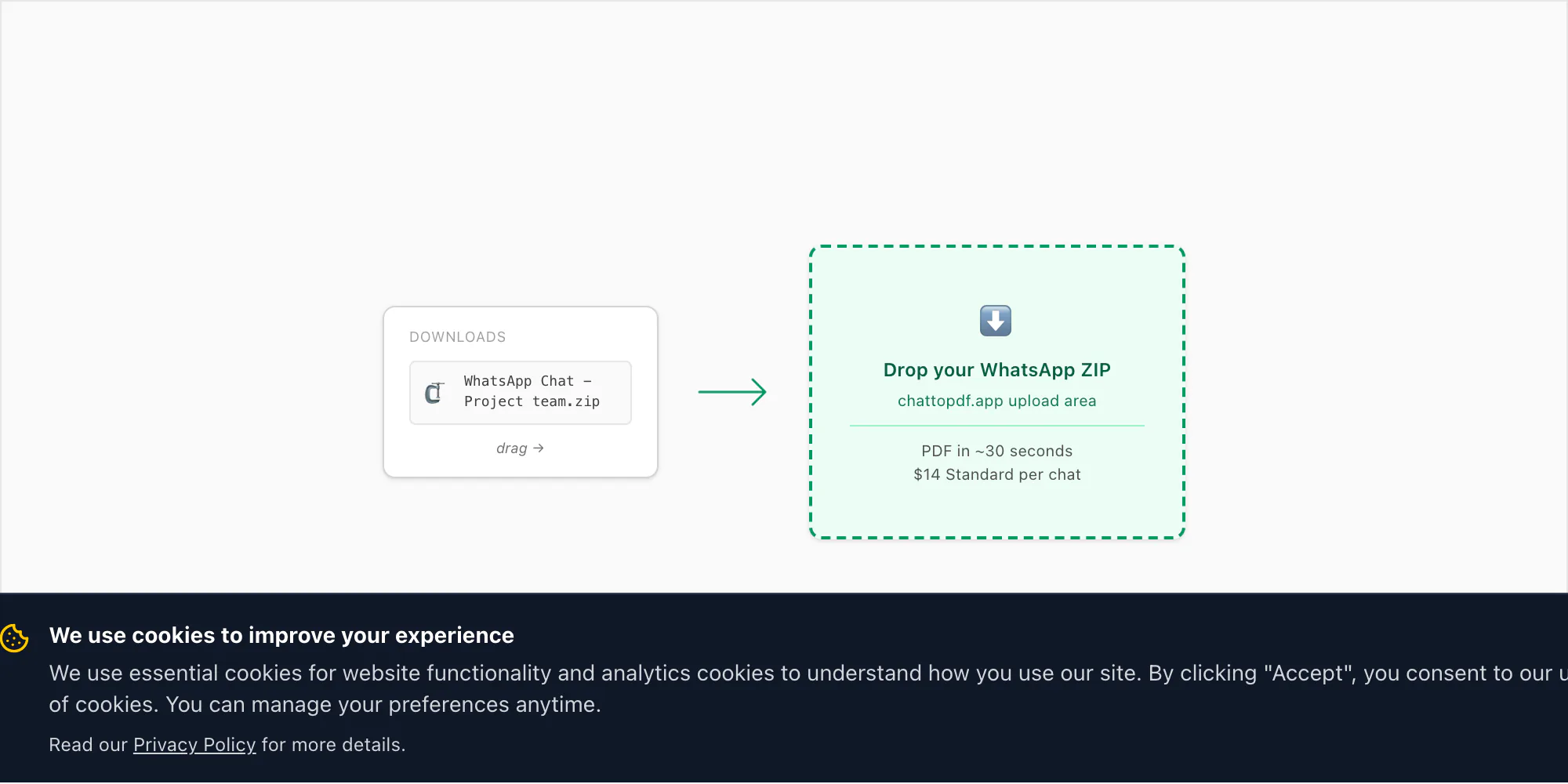 Drag-drop visual from the browser Downloads folder into the chattopdf upload area on the same desktop screen