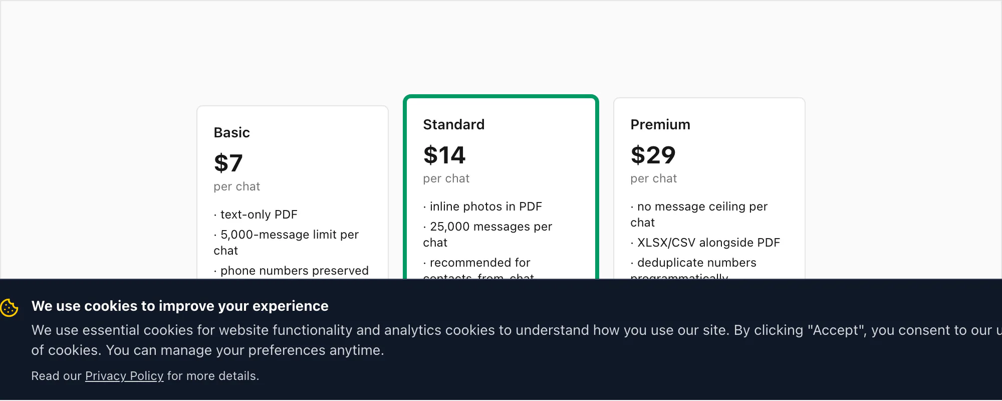ChatToPDF pricing tiers — Standard $14 per chat highlighted for chats whose phone-number senders need verbatim attribution