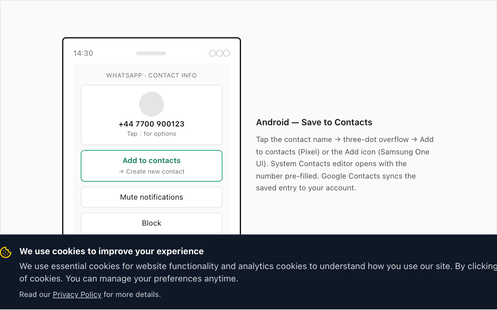 Android screen showing a WhatsApp contact tapped through to a Save to Contacts action sheet