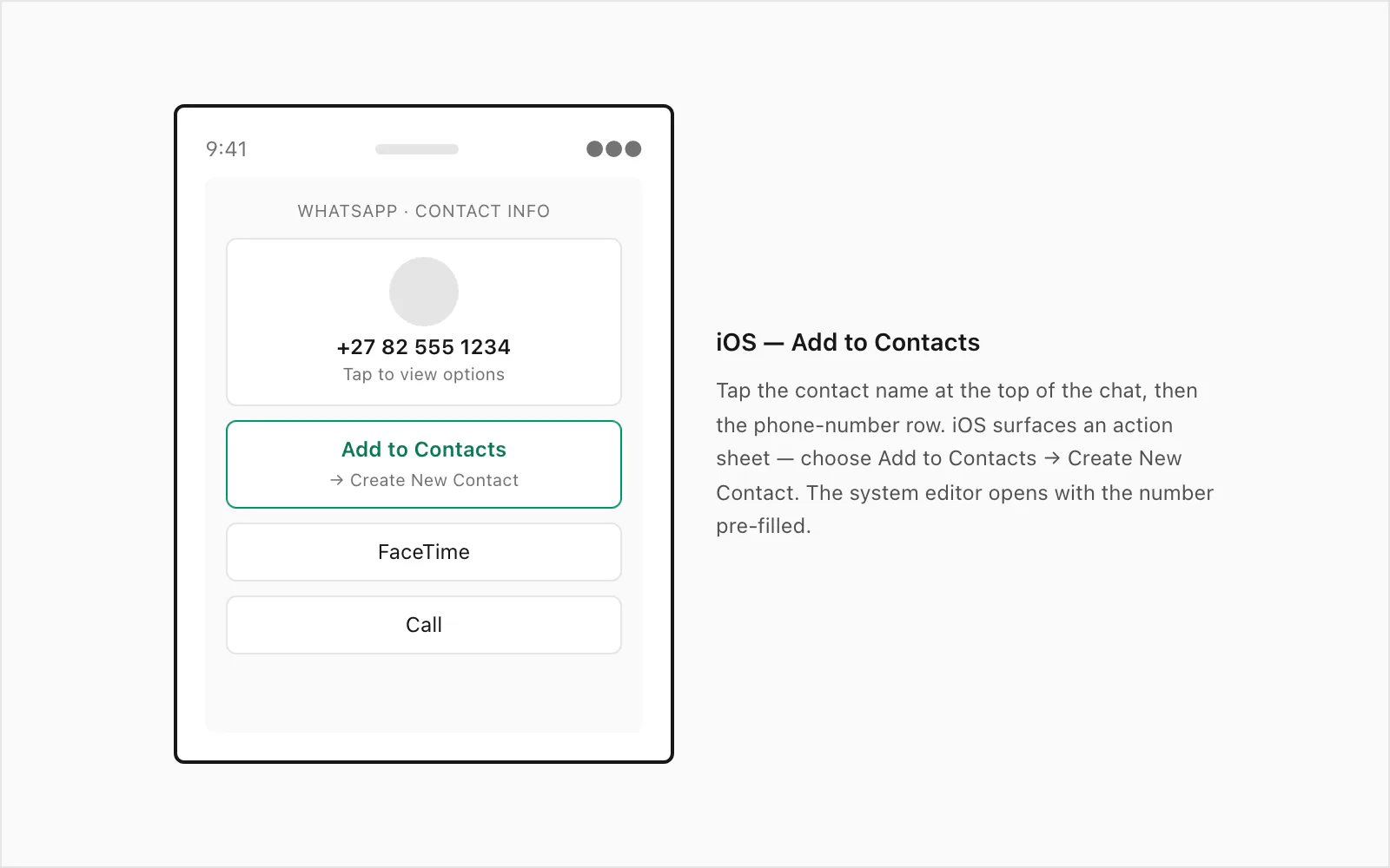 iPhone screen showing a WhatsApp contact tapped through to an Add to Contacts action sheet
