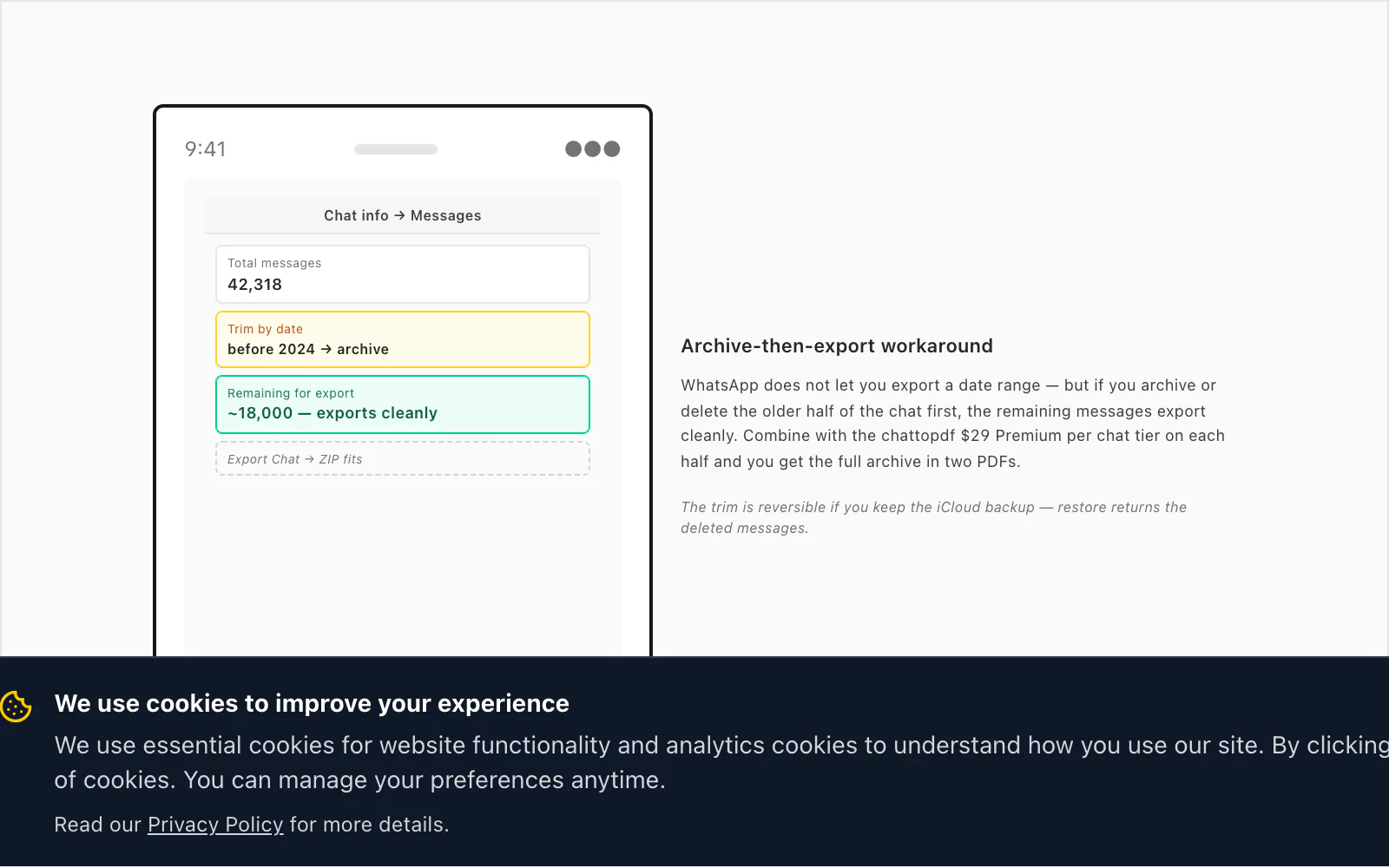 iPhone chat info screen — archiving messages before 2024 trims a 42,318-message chat to ~18,000 so the export fits