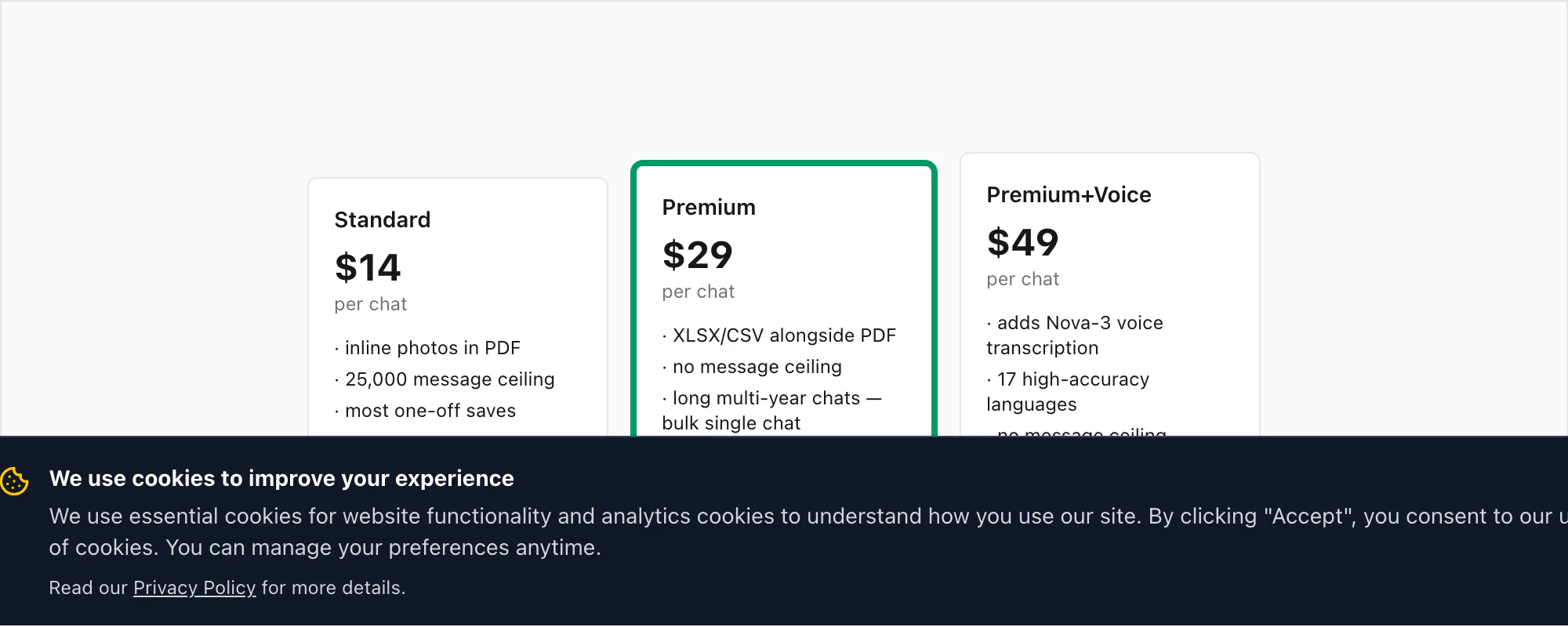 Three chattopdf tiers — $14 Standard 25k cap, $29 Premium uncapped with XLSX/CSV, $49 Premium+Voice with Nova-3 transcript