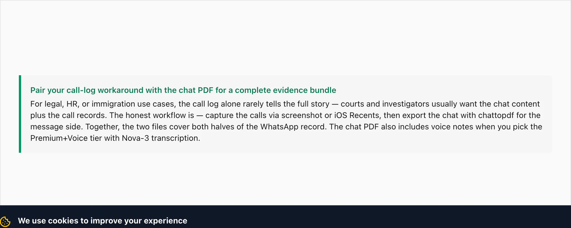 Callout — pair the call-log workaround with a chat PDF for a complete legal or HR evidence bundle