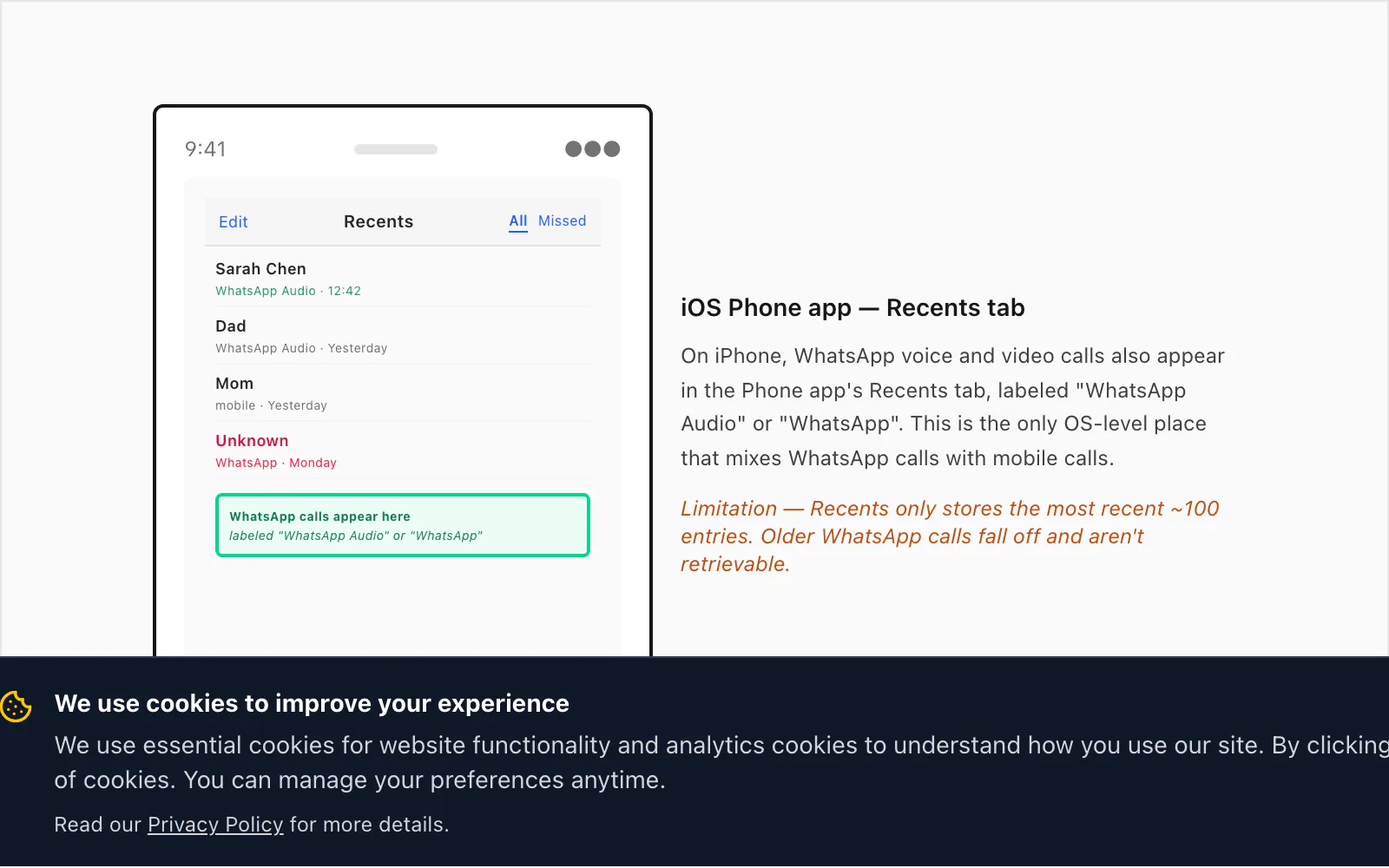 iOS Phone app Recents tab showing WhatsApp calls labeled WhatsApp Audio mixed with regular mobile calls
