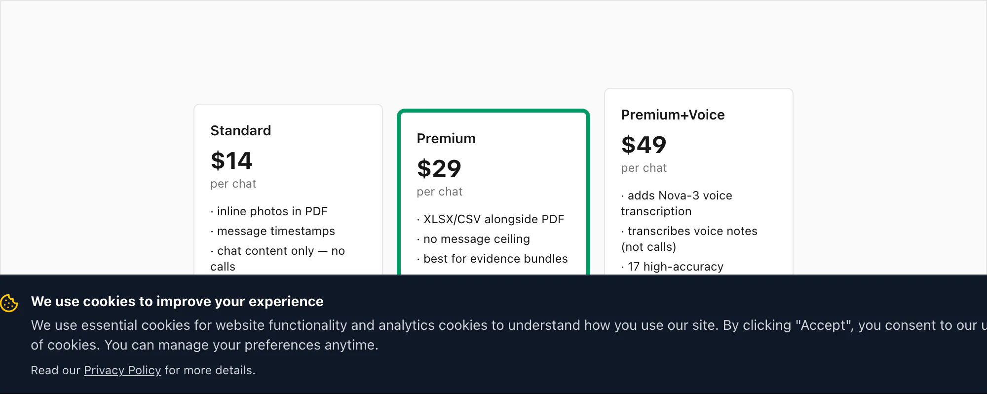 Three chattopdf tiers — $14 Standard chat-only, $29 Premium evidence bundle, $49 Premium+Voice with Nova-3