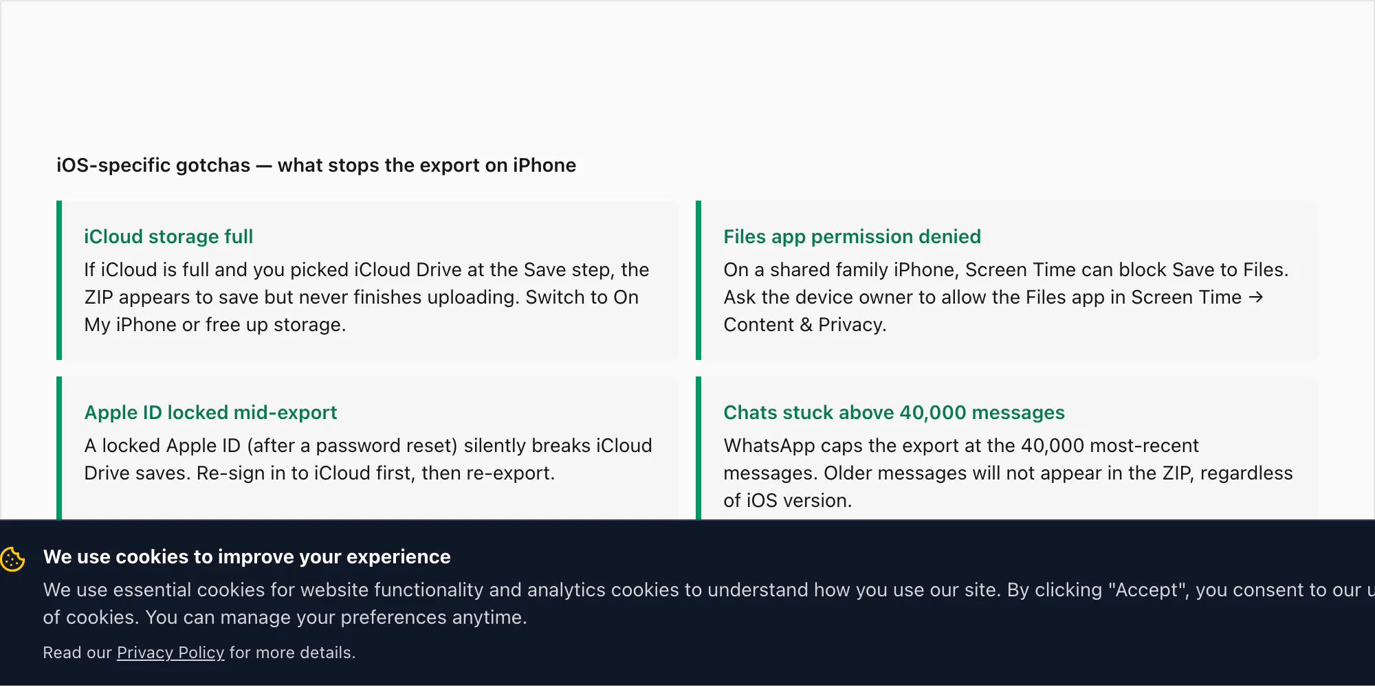 Four iOS-specific gotchas — iCloud full, Files app permission denied, locked Apple ID, 40,000-message cap