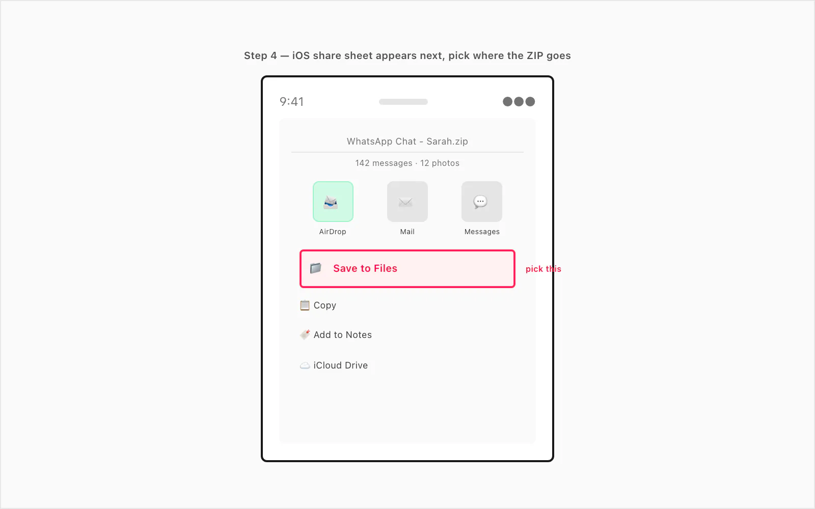iOS share sheet after Export Chat with Save to Files highlighted, plus AirDrop, Mail, and Messages alternatives