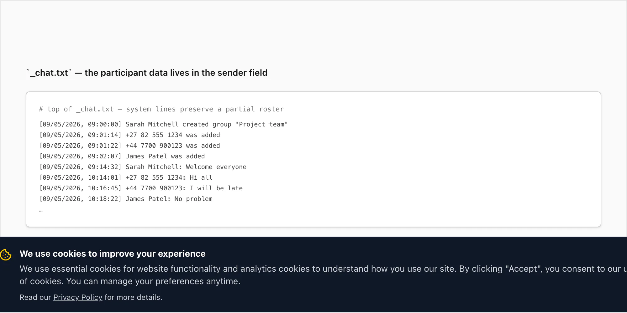 Mock _chat dot txt file showing the participant join lines preserved at the top with timestamps and phone numbers