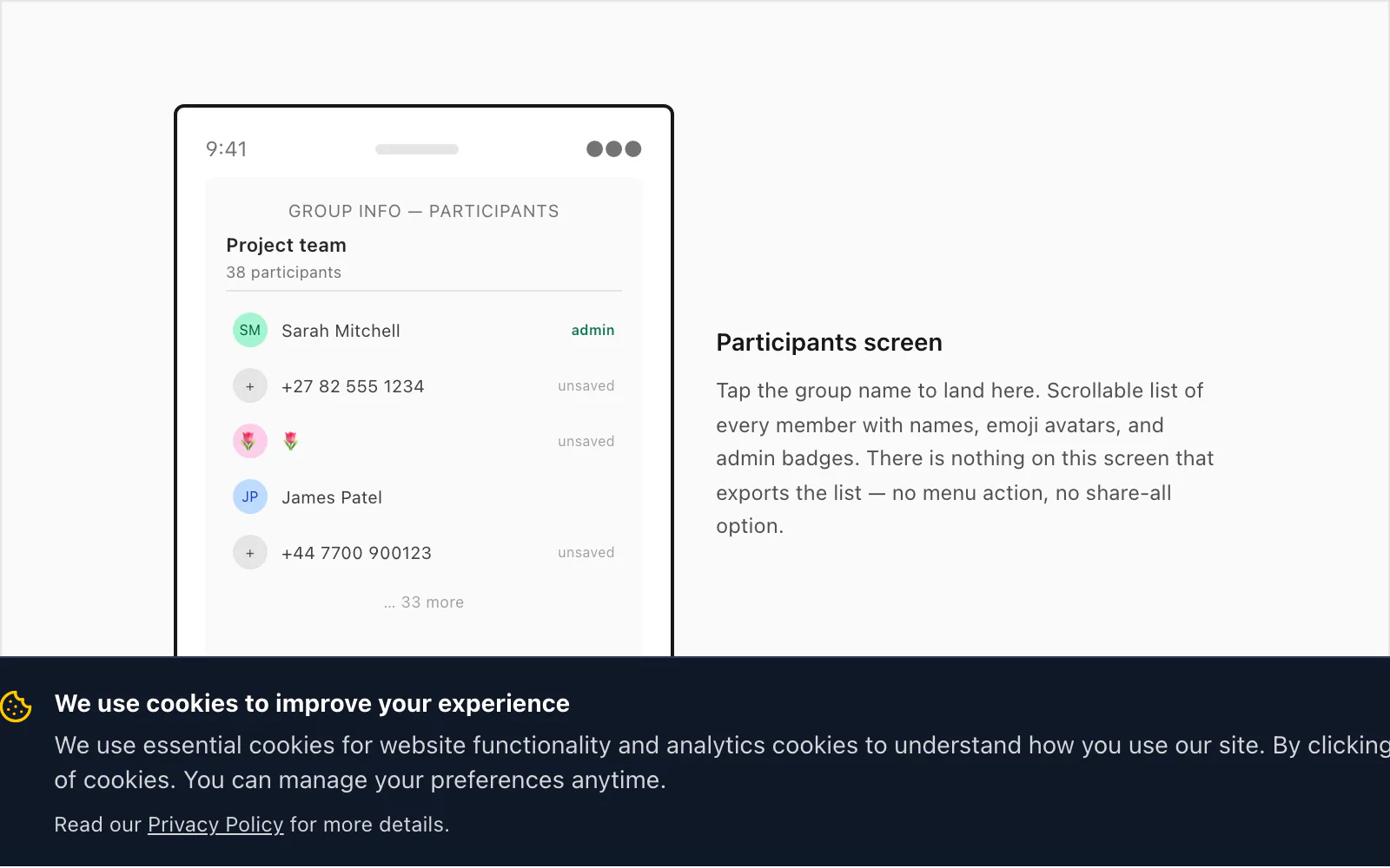 iPhone-frame mockup of a WhatsApp group info screen with a scrollable participants list and emoji display labels