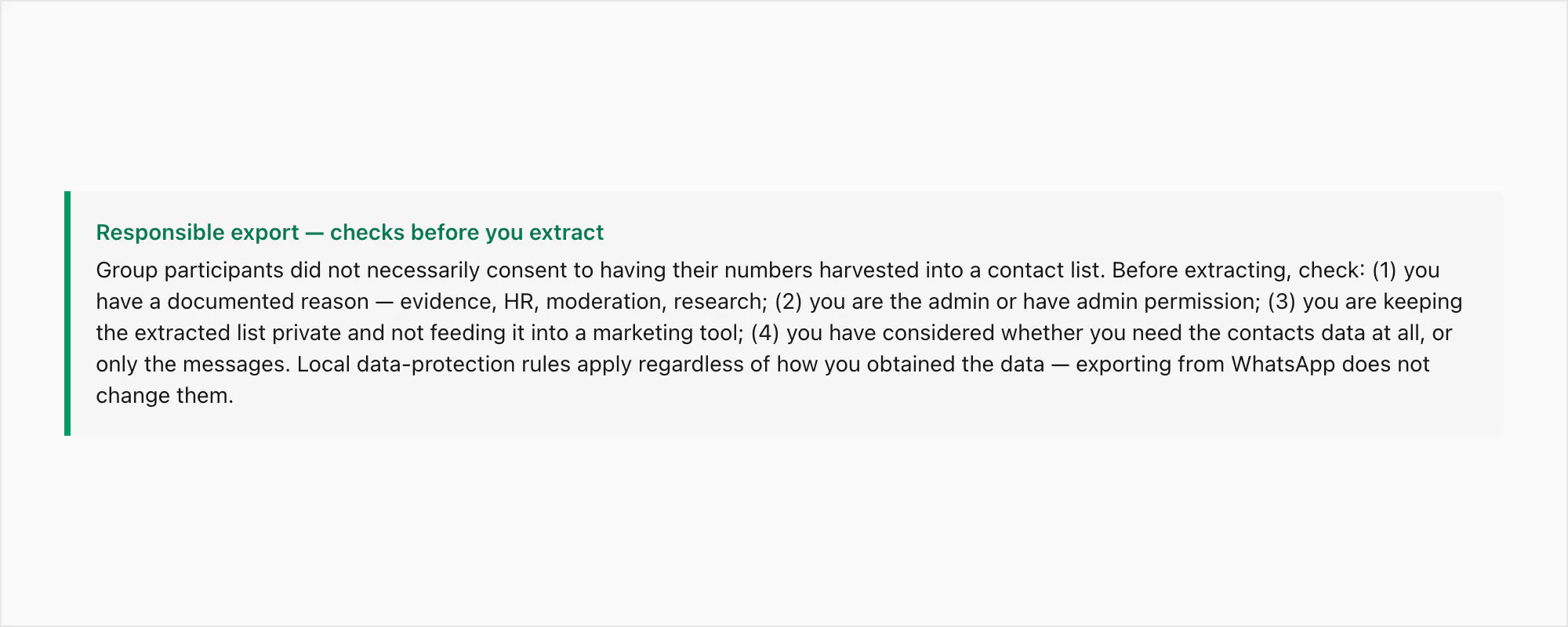 Callout listing the responsible-export checks before extracting a group's contact list from WhatsApp