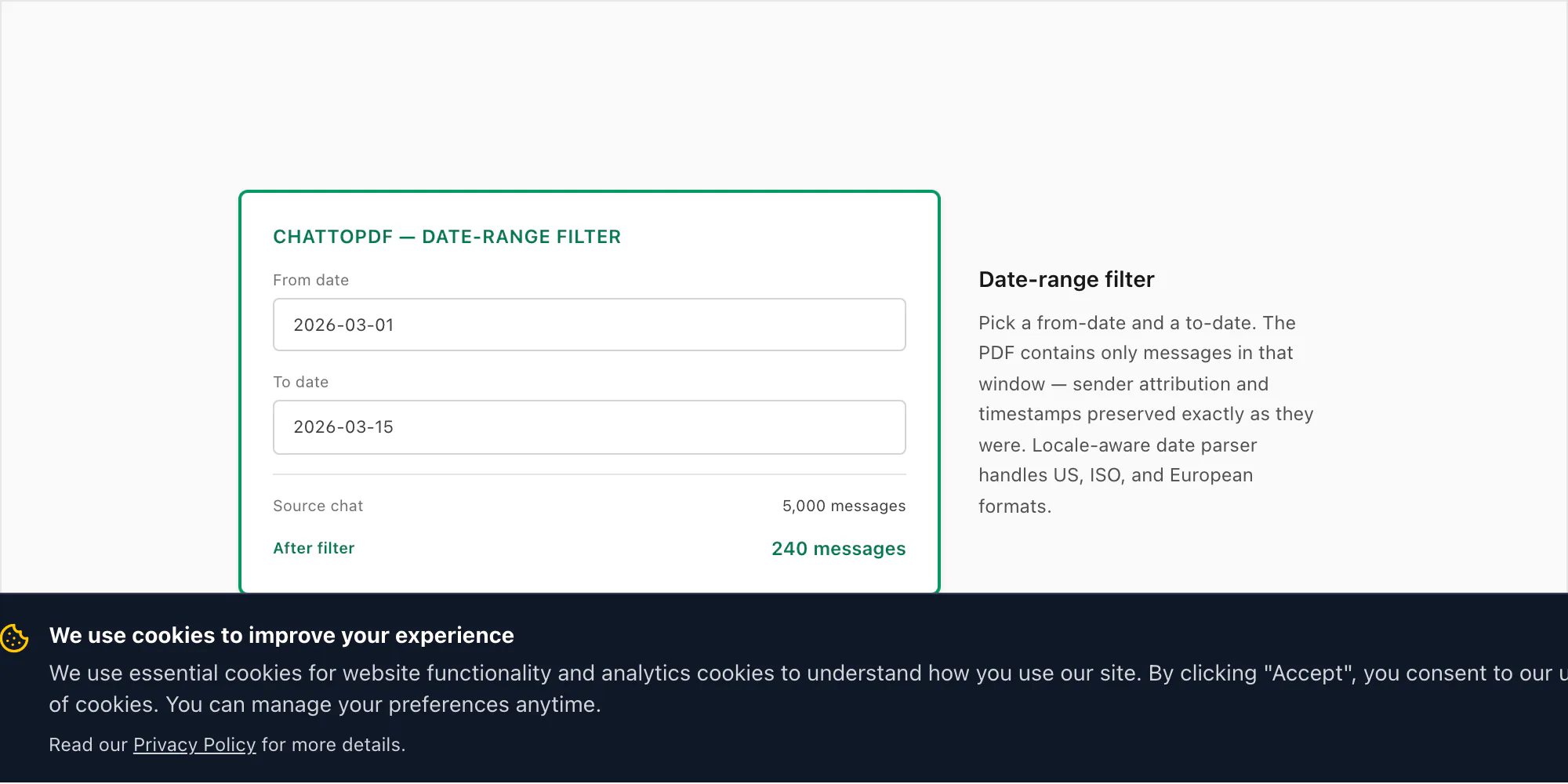 ChatToPDF date-range filter UI mockup showing from and to date pickers narrowing a 5,000-message chat down to 240 messages