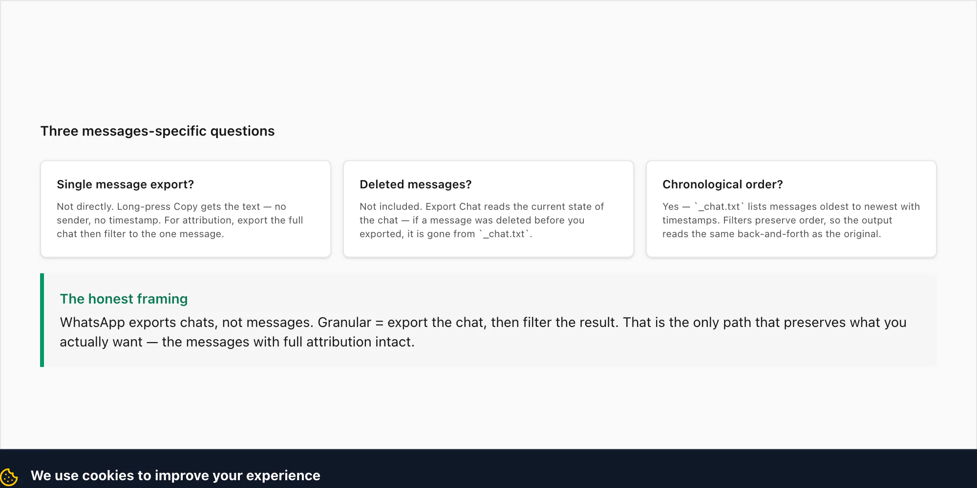 Grid of three messages-specific FAQs — single message export, deleted messages, chronological order